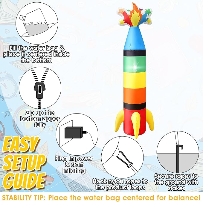6FT Back to School Inflatable Crayon Rocket Outdoor Decorations, Colorful Blow Up Rocket Crayon Built-in LED Light for Space Party Decor, First Day of School Classroom Yard Garden Photo Props