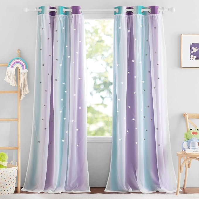 NICETOWN Star Cut-Out Blackout Curtains for Bedroom 2 Panels,2-Layers Mix Design of Fabric & Tulle, Kids Window Curtain for Nursery Living Room,W34 x L84, 2 Panels, Teal & Purple