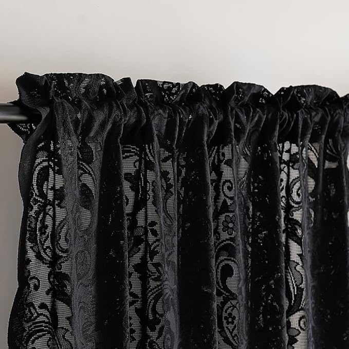 ALIGOGO Black Floral Valances for Windows Halloween Victorian Scalloped Sheer Valance Curtain for Bathroom Door Basement Windows Lace Window Toppers Boho/Goth/Dark Kitchen Decor, 52" x 18", 1 Pcs