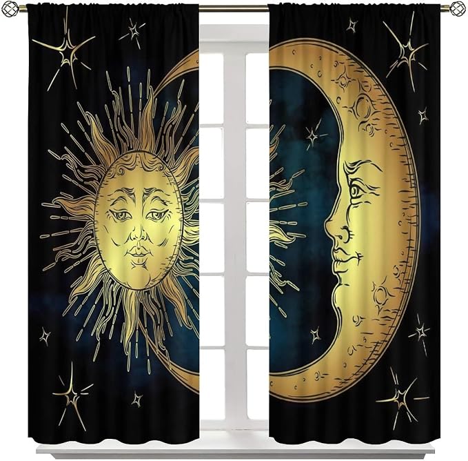 Sun Moon Blackout Windows Curtains, Boho Chic Art Golden Sun Moon and Stars Over Blue Black Sky Antique Style Curtains, for Living Room Bedroom 63x63in 2 Panels