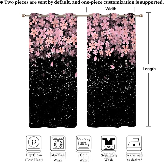 Renaiss Pink Cherry Patels Blackout Curtains, Japanese Cherry Flowers Thermal Insulated Bedroom Window Curtains, Black Floral Bossom Window Drapes for Living Room, 63" L x 42" W 2 Panel Set