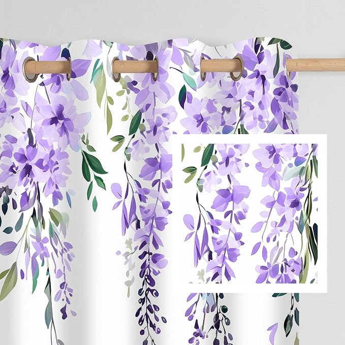 Purple Watercolor Floral Curtains, Botanical Leaves Vine Flowers Curtain, Rustic Farmhouse Flower Leaf Blackout Window Treatment Drapes for Bedroom Living Room 52x72 inch, 2 Panels
