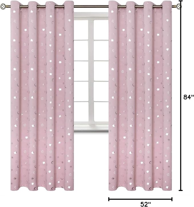 BGment Pink Curtains for Girls Bedroom 84 Inch Long, Star and Moon Blackout Curtains for Kids Room, Room Darkening Thermal Insulated Window Grommet Curtains for Nursery, 52 Wide, 2 Panels, Light Pink