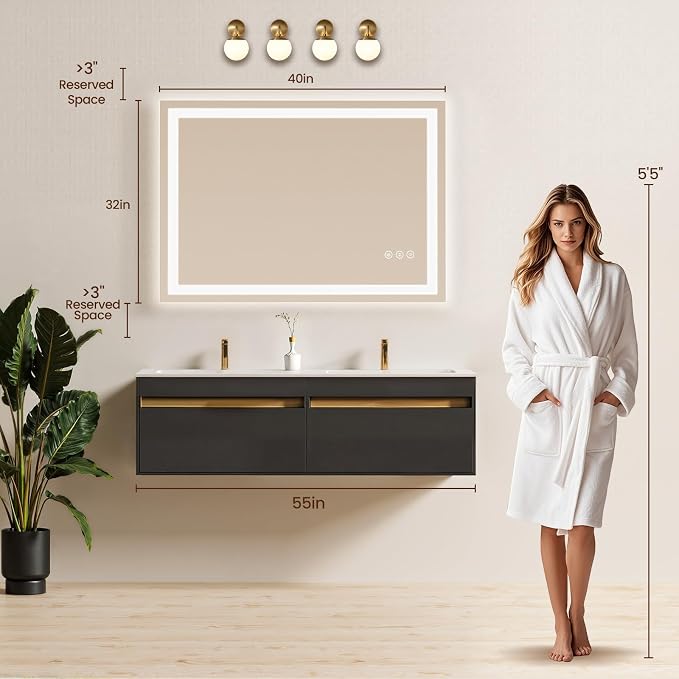 40X32 LED Bathroom Mirror with Lights, Anti-Fog, Backlit + Front Lit (CRI>90), Lighted Bathroom Vanity Mirror for Wall, Memory Function, Dimmable, Tempered Glass, Shatter-Proof