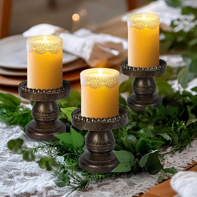 Small Candle Holder for Pillar Candle Set of 3, Farmhouse Wood Candle Holder, Rustic Wooden Candle Stand, Vintage Candle Stand Decorative for Living Room, Table Centerpiece, Black Gold