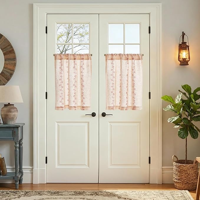 jinchan Katy Linen Floral Kitchen Curtains 24 Inches Length Stripe Cafe Curtains Farmhouse Cottagecore Tier Small Window Drapes for Living Room Light Filtering Rod Pocket 2 Panels Terracotta on Linen