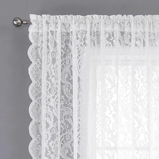 Bujasso White Lace Sheer Curtains Floral Vintage Window Curtain Panels 102 inch for Living Room Bedroom Light Filtering White Lace Drapes Window Treatment Sets Rod Pocket 2 Panels 54" Wx102 L