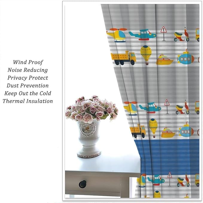 Cartoon Vehicles Blackout Curtain,Kids Boys Cute Cars Pattern Print Window Treatment Curtains Dining Room Living Room Kitchen Cafe Bedroom Office Nursery Drapes Decor,42x45 in