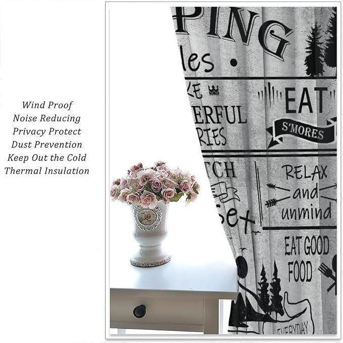 Farmhouse Camping Rules Blackout Curtains Vintage Rustic Vintage Farm Black and White Deer Mountain Adventure Forest Windows Treatments for Kitchen Farm Living Room Bedroom 55x63in