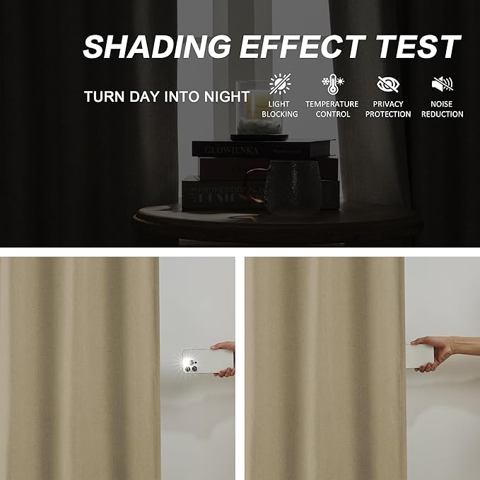 DUALIFE Blackout Pinch Pleated Curtains for Bedroom 95 Inch Length, Linen Blended Farmhouse 100% Blackout Thermal Insulated Back Tab Drapes with Hooks for Track System 2 Panels-Taupe, W50xL95