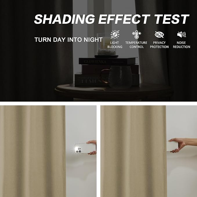 DUALIFE Taupe Blackout Pinch Pleated Curtains for Bedroom 132 Inch Length, Linen Blended Farmhouse 100% Blackout Thermal Insulated Back Tab Drapes with Hooks for Track System 2 Panels W40xL132