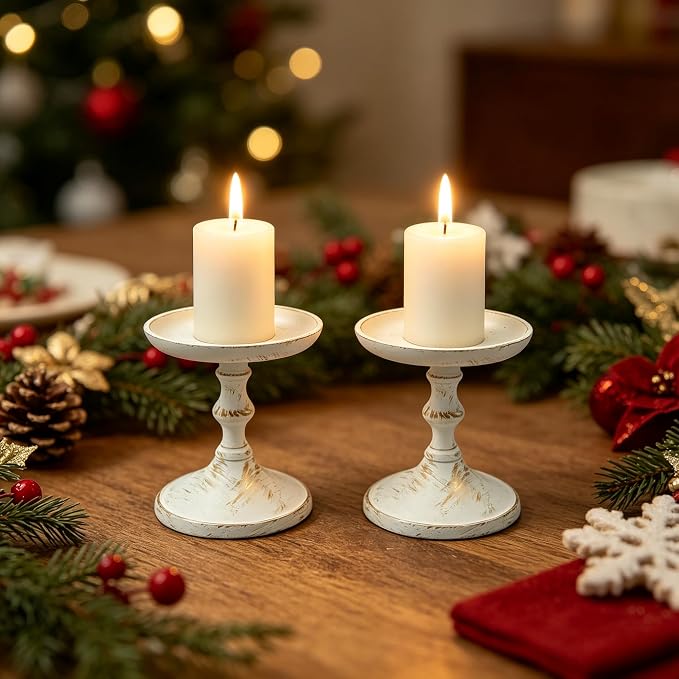 Hosley Aluminum Metal Decorative Pillar Candle Holder White Wash Finish Set of 2 for Candles or Display, 5Inch High - Ideal for Weddings, Parties, Events, Home Decor, Gifts, Elegant