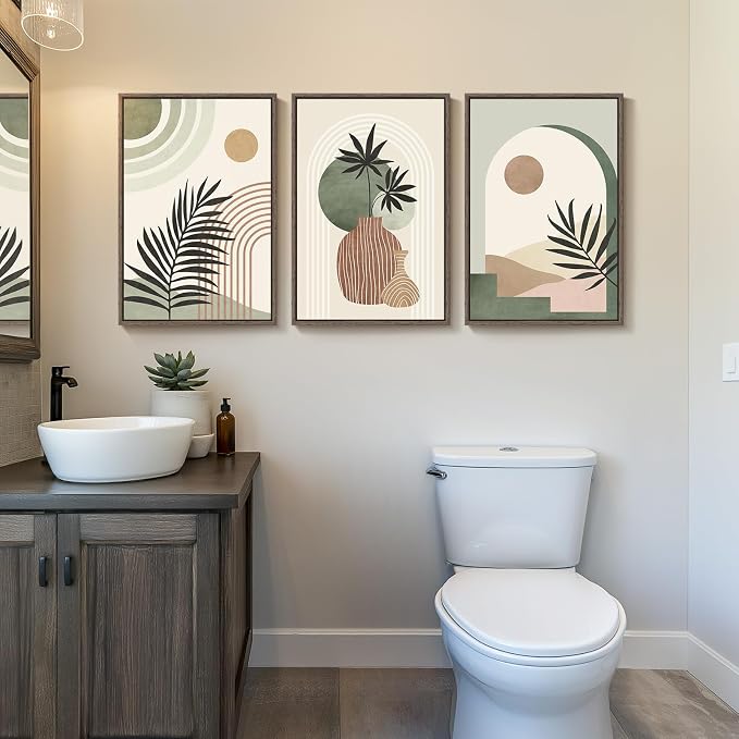 Framed Sage Green Boho Wall Art Bedroom, 3 Piece Neutral Bohemian Botanical Paintings Prints Canvas Artwork for Walls, Large Mid Century Modern Pictures for Living Room Kitchen Wall Decor, 16x24 Inch