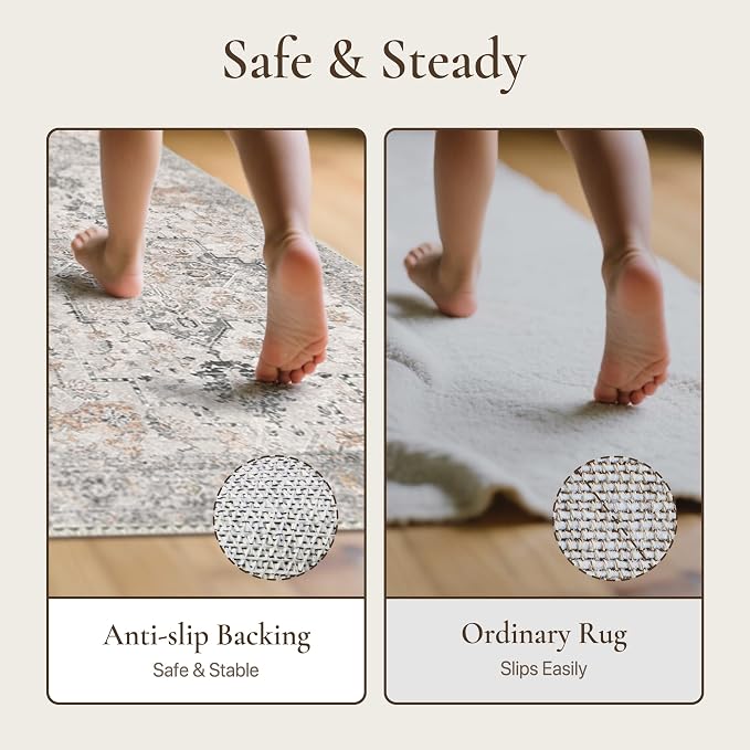 GENIMO Runner Rug 2x12, Non Slip Vintage Hallway Runner Rugs, Low Pile Lightweight Machine Washable Mat for Hallway, Entryway, Bedroom, Kitchen and Corridor,Light Taupe Brown