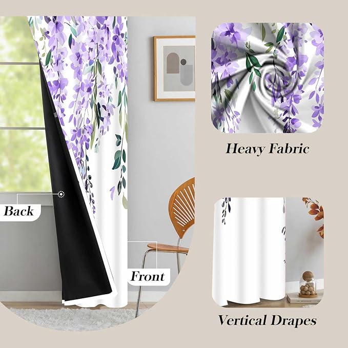 Purple Watercolor Floral Curtains, 42x72 inch, 2 Panels | Botanical Leaves Vine Flowers, Rustic Farmhouse Style, Blackout Window Treatment, For Bedroom Living Room
