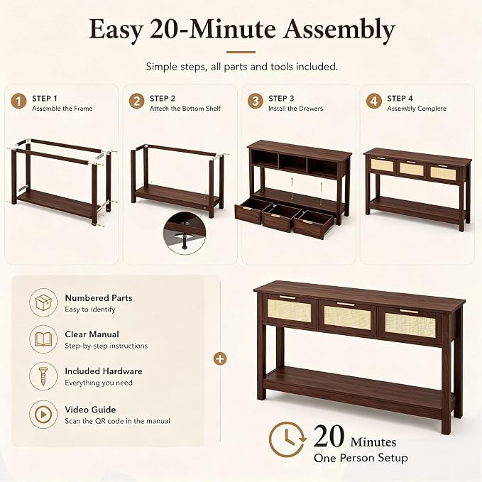 Luoxiao Console Table for Entryway with 3 Rattan Drawers Storage Open Shelf | Narrow Entry Table for Hallway, Foyer, Couch, Front Entrance, Anti-Tip, Easy to Assemble, 47 Inch, Walnut, Mid-Century Modern