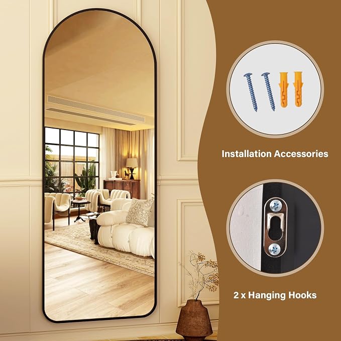 HARRITPURE 64"x21" Arched Full Length Mirror Floor Mirrors with Aluminum Alloy Frame Free-Standing Wall Mounted or Leaning Large Bedroom Dressing Mirror Modern & Contemporary Decor for Home,Black