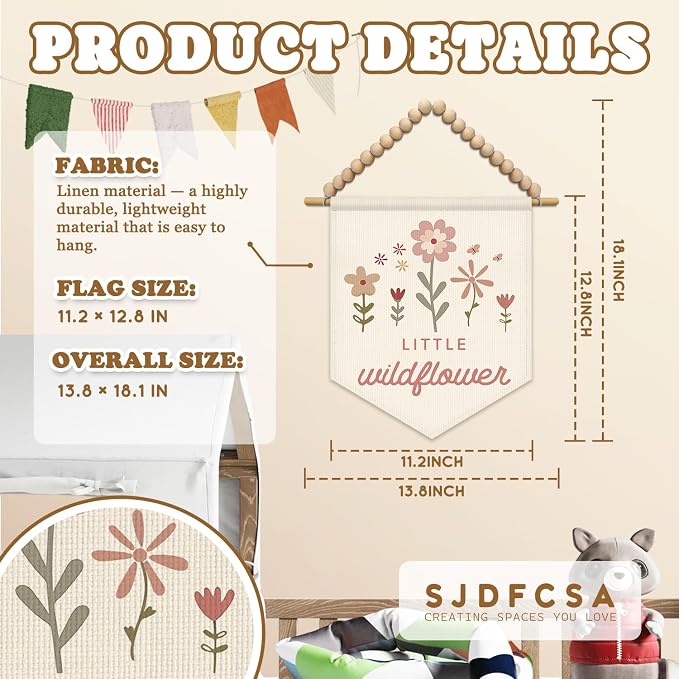 SJDFCSA Boho Girl Nursery Wall Art Decor, Wildflower Nursery Decor, Little Wildflower Pink Boho Wall Hanging Display Pennant Flag for Girls Toddler Kids Room Bedroom Playroom