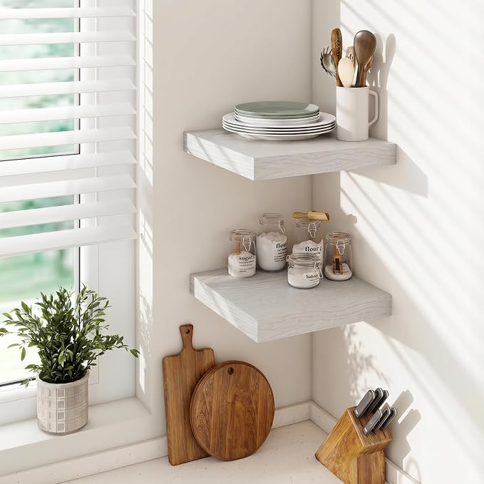 Vivelove 12 Deep Floating Shelves for Wall, 24 Inch Shelves for Room Wall Mounted, 2" Thick Floating Shelf for Living Room Bedroom Bathroom Kitchen Laundry Room, Set of 2 White Birch
