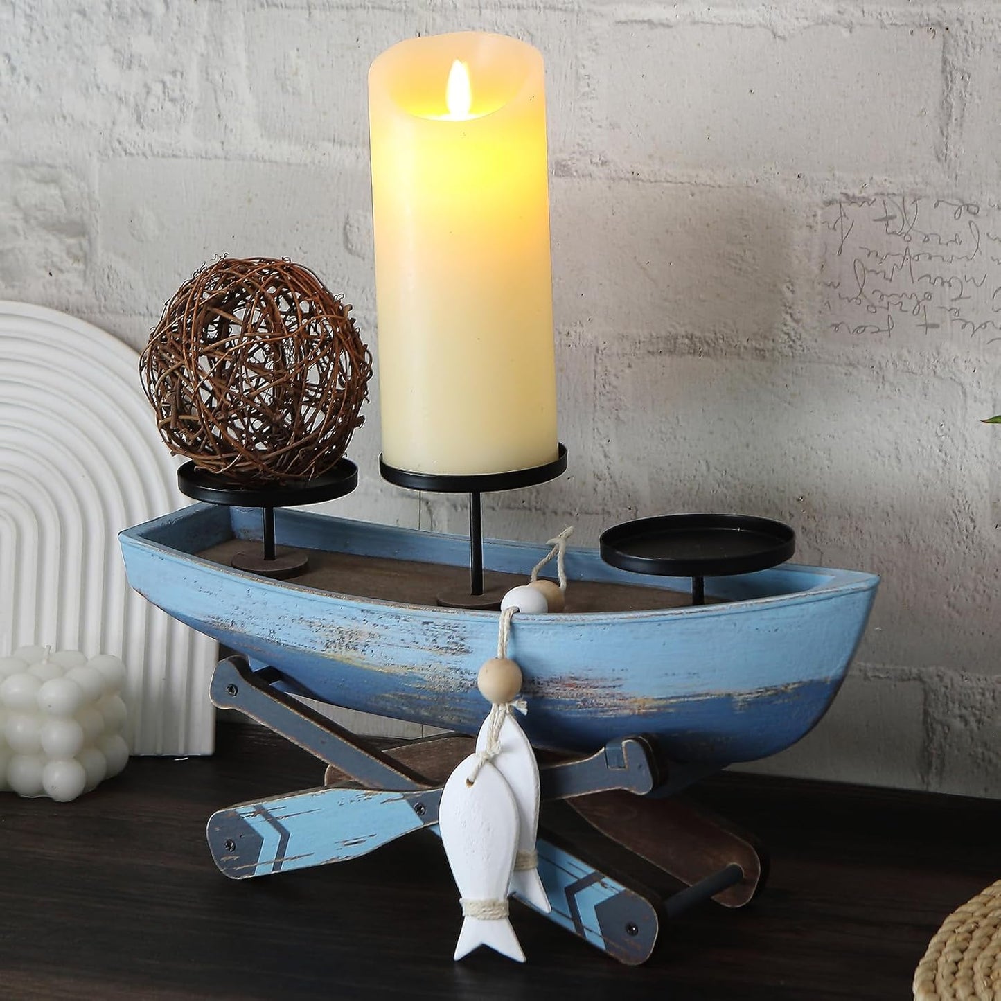 Nautical Votive Candle Holder, Ocean Themed Farmhouse Boat Candle - Marine Beach Style Handmade Decor for Home, Office, Housewarming Gifts