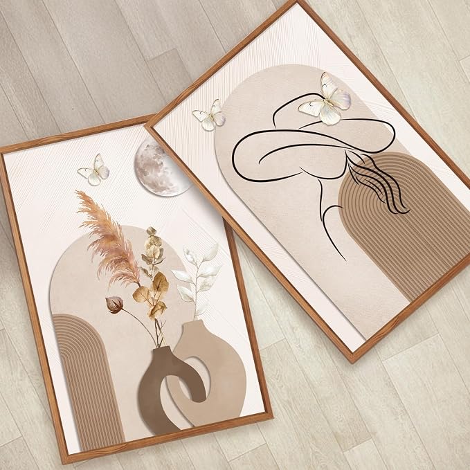 CHDITB Boho Neutral Framed Canvas Wall Art, Minimalist Line Art Woman Artwork, Pampas Grass Botanical Wall Decor, Beige Brown Painting, Abstract Geometric Art Prints for Living Room Bedroom 24"x36"x3