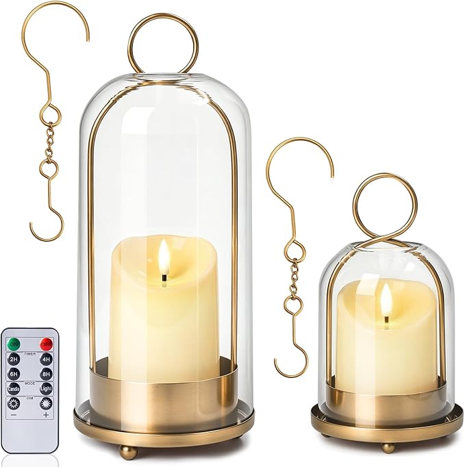 Brass Hurricane Handmade Sturdy Glass Dome Candle Holders with Glass Cover, Set of 2 Flameless Battery Operated LED Pillar Candles and Remote, Elegant Cloche Lantern for Modern Table Centerpiece