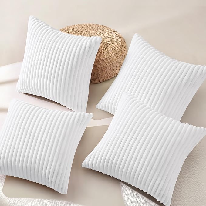 decorUhome Set of 4 Flannel Neutral White Throw Pillow Covers 18x18 Inch, Spring Decorative Soft Double-Sided Fluffy Couch Pillow Covers, Farmhouse Pillow Cases for Sofa Living Room