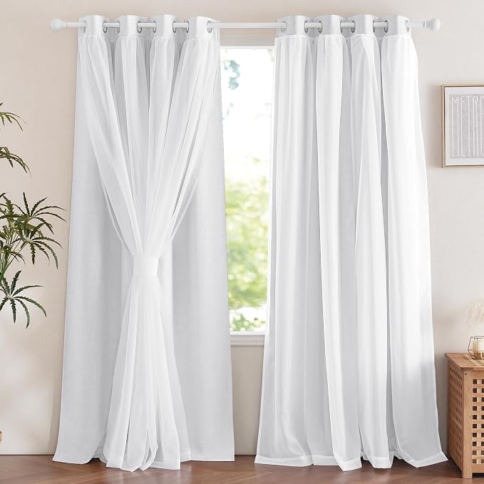 NICETOWN Double Layer Lined Curtains with Sheer Overly, Farmhouse Style Linen Blend Light Filtering Room Darkening Curtains for Kids Room, Bedroom Curtains (2 Panels, W52 x L84, Greyish White)