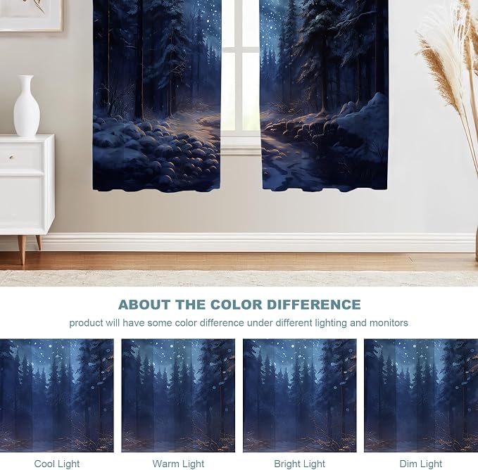 Shrahala Winter New Year Blackout Window Curtains, Stars Forests Snow Night Thermal Insulated Curtains Grommet Long Drapes for Bedroom,Living Room (2 Panels, 52 x 63 in)