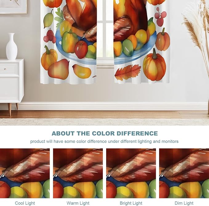 Shrahala Turkey Pumpkin Thanksgiving Thermal Insulated Blackout Window Curtains, Watercolor Fruits Delicious Food Pears Long Drapes for Bedroom/Living Room with Plastic Grommet, 52X63 Set of 2