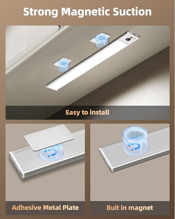 EZVALO 16.5-inch Under Cabinet Lighting, 4000mAh Rechargeable Motion Sensor Light Indoor, with Dimmable & 3 Color Temps, Magnetic Closet Lights, Wireless Under Counter Lights for Kitchen (4-Pack)