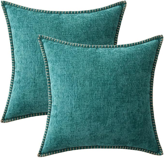MIULEE Pack of 2 Couch Throw Pillow Covers 22x22 Inch Teal Farmhouse Decorative Pillow Covers with Stitched Edge Soft Chenille Solid Dyed Summer Pillow Covers for Sofa Bed Living Room