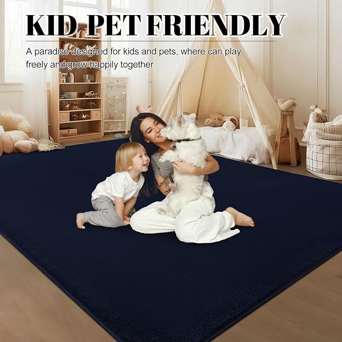 qulint 4x6 Modern Rug for Boys Room, Navy Blue Rug for Living Room Bedroom Soft Washable Thickened Memory-Foam Indoor Carpet, Minimalist Solid Non Slip Carpet for Kid Nursery Kitchen Home Decor