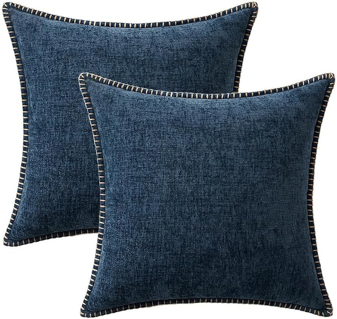MIULEE Pack of 2 Couch Throw Pillow Covers 20x20 Inch Dark Blue Farmhouse Decorative Pillow Covers with Stitched Edge Soft Chenille Solid Dyed Pillow Covers for Sofa Bed Living Room