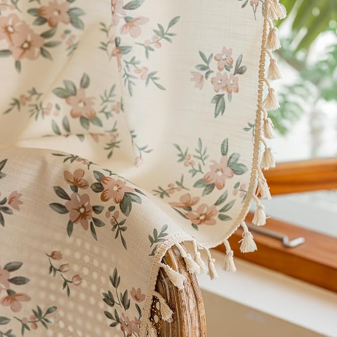 OYX Boho Floral Curtains 84 Inch, Pink Flower Farmhouse Drapes with Tassels, Linen Textured Light Filtering Semi Sheer Curtains for Living Room Bedroom, 2 Panels, Rod Pocket, 52Wx84L