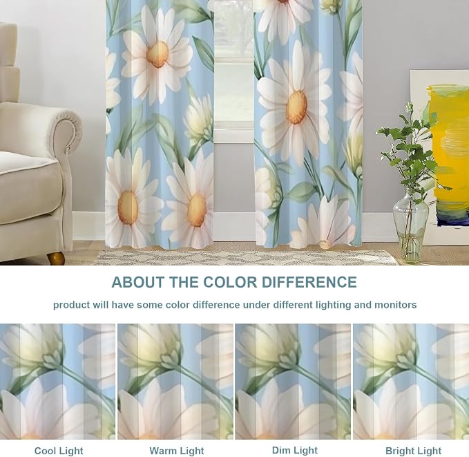 Shrahala Daisies Leaves Thermal Insulated Blackout Window Curtains, White Daisies On Blue Long Drapes for Bedroom/Living Room with Plastic Grommet, 52X84 Set of 2
