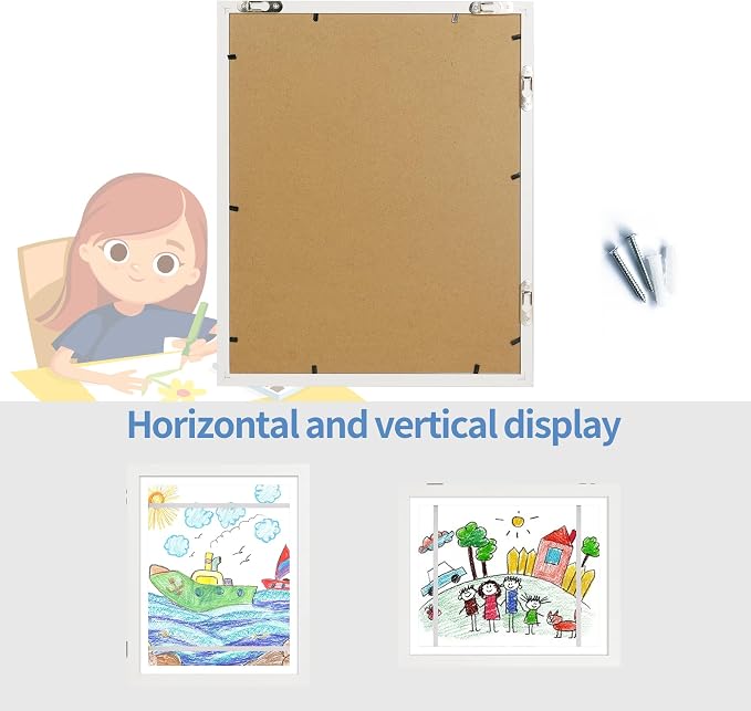iRahmen Kids Art Frames 10x12.5 Set of 2 - Front Opening Childrens Picture Frame Changeable, Wood Artwork Display Storage for Wall Mount, Magnetic Door Holds 50 Art Pieces for Drawings, 3D Picture, Crafts, Portfolio, White