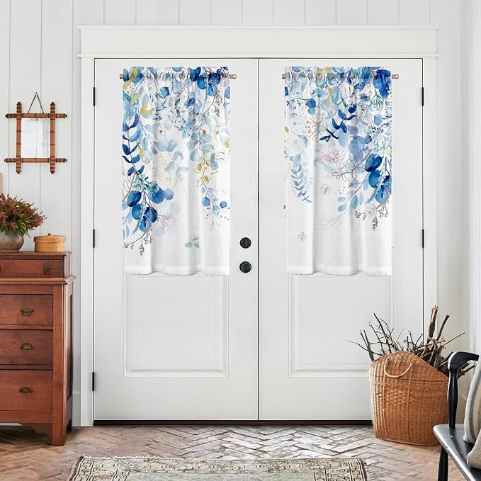 Blue Eucalyptus Leaves Kitchen Curtains Watercolor Plant Floral Curtains 39 Inches Spring Summer Blue and White Cafe Small Drapes Farmhouse for Bathroom RV Camper Light Filtering Rod Pocket 2 Panels