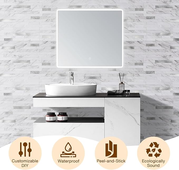 Peel and Stick Backsplash Tile Waterproof Removable PVC Wall Sticker 3D Faux Stone Marble Brick White Accent Panels (White Marble - Metal Silver, 40 Tiles - 18 sq. ft. (1.68 mยฒ)