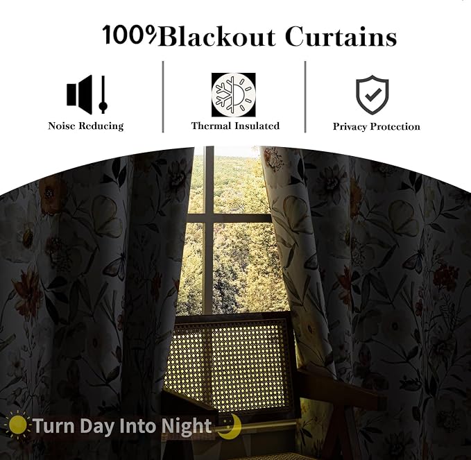 Floral Print 100% Blackout Curtains 84 inch Long 2 Panels, White Botanical Pattern Thermal Insulated Room Darkening Window Drapes, Grommet Top Privacy Curtains for Bedroom Living Room, 52"W x 84"L