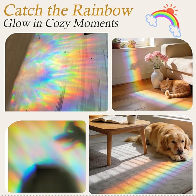 Windimiley Rainbow Window Privacy Film, 3D Stained Glass Christmas Decorative Window Clings, UV Heat Blocking Holographic Prism Stickers for Home(35.4 x 157.5In,Pure)