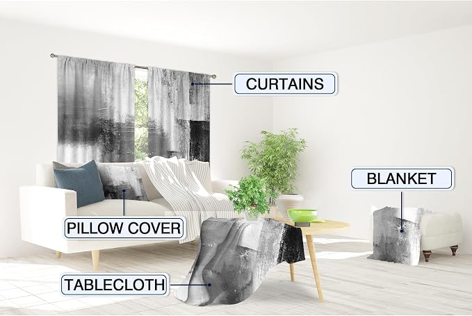 MESHELLY Abstract Grey Curtains 42W x 63H Inch Rod Pocket Rust Black White Art Painting Modern Contemporary Watercolor Cool Oil Print Living Room Bedroom Window Drapes Fabric 2 Panel