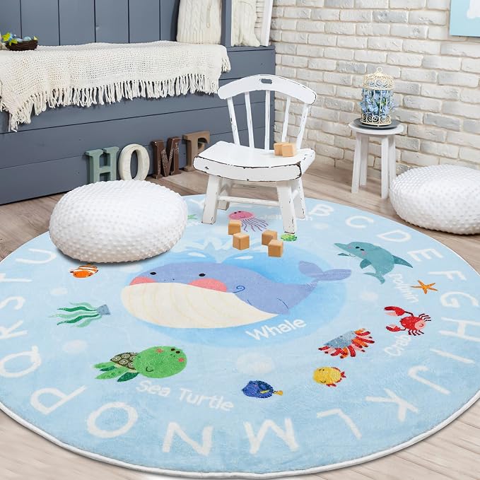 Soft Round ABC Rug for Kids Room,5.2 ft Washable Circle Rug,Non-Slip Whale Alphabet Kids Rug Carpet for Playroom Bedroom Kids Room Decor(for Age 2+)