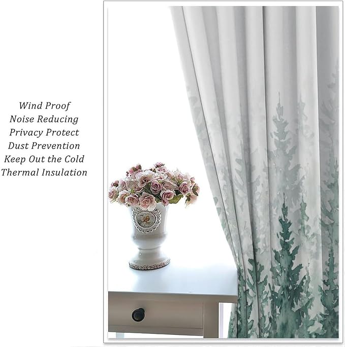 Green Forest Curtains, Watercolour Nature Misty Simple Pine Tree Tree Forest Plant Blackout Windows Treatments, Thermal Insulated Drapes for Kids Boys Girls Living Room Bedroom 52x84in