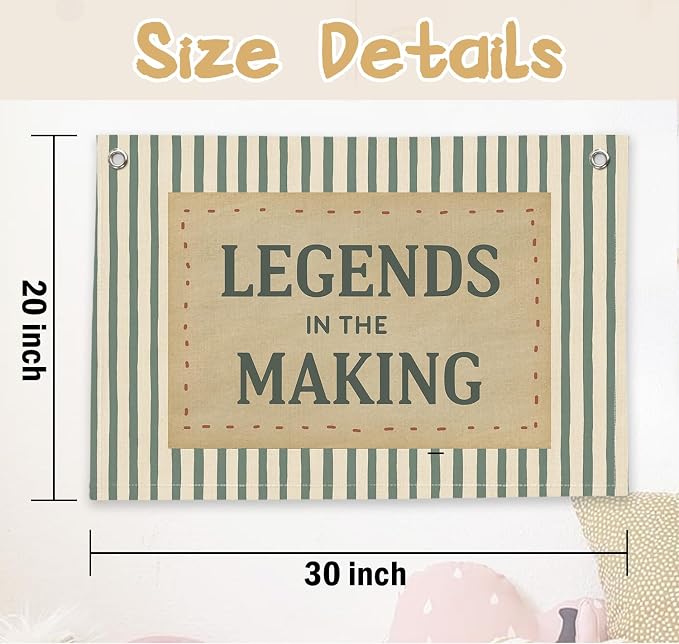 RTXLEZM Boys Room Decor, Legends in the Making Inspirational Canvas Banner | Retro Green Striped Motivational Wall Hanging for Toddler Boys Nursery Bedroom Playroom Decor, 20x30 Inch