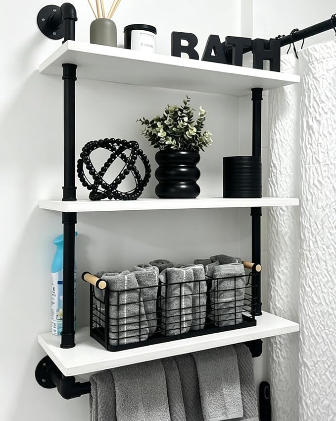 ROGMARS Industrial Pipe Shelving Bathroom Shelves with Towel Bar | Retro White Rustic Farmhouse Industrial Wall shelf Bathroom Shelves Over toilet for Storage 3 Tier 24 inch