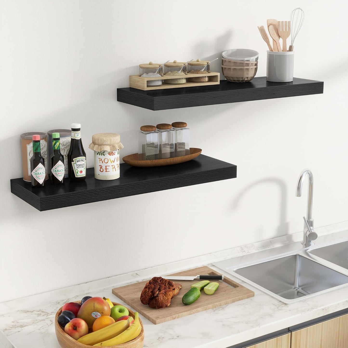 Fun Memories Floating Shelves for Wall, 32 Inch Long Floating Shelves Set of 2, 32 x 10 Wooden Shelves for Wall, Large Storage Shelves, Hanging Shelves for Bathroom Kitchen Bedroom, Black