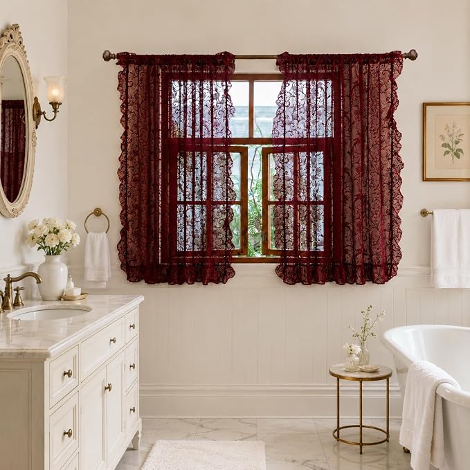 TUDECO Burgundy Kitchen Curtains 45 Inch Length - Chic Short Lace Sheer Cafe Curtains for Window Over Sink, Light Filtering Floral Ruffle Rod Pocket Small Bathroom Curtain Set of 2, 59 x 45 Inch