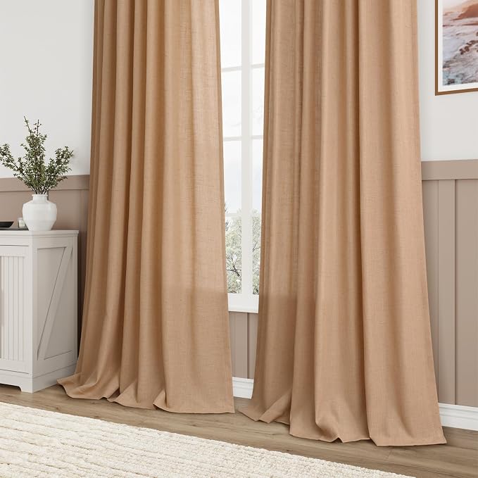 Aersas 90 Inches Living Room Camel Curtains 2 Panels Set Back Tab Rod Pocket Semi Sheer Modern Farmhouse Drapes Light Filtering Linen Texture Fabric Window Treatments for Bedroom 52x90 Camel