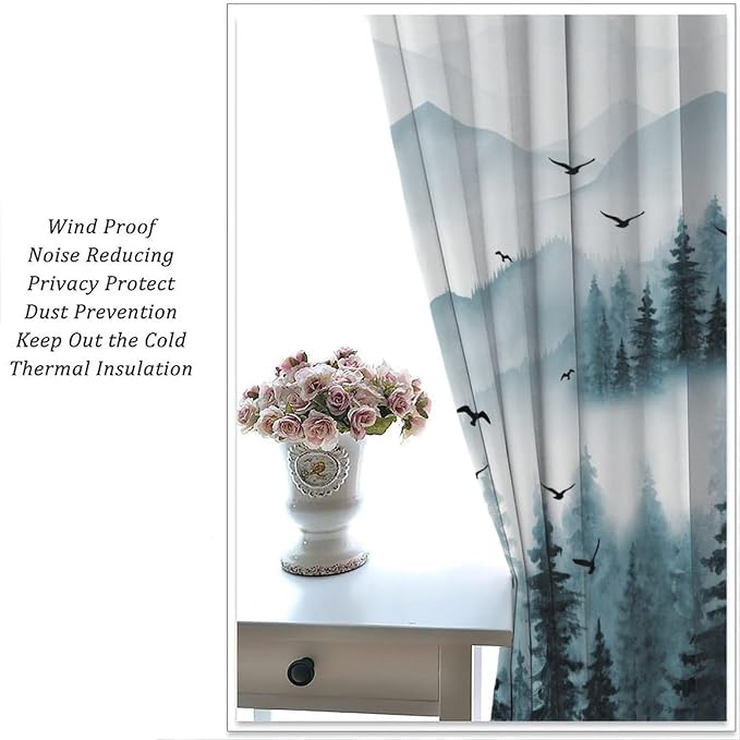 Forest Blackout Curtains for Kitchen Retro Natural Countryside Mist Blue Watercolor Mountain Forest Tree Theme Print Windows Treatments for Boys Girls Bedroom Living Room 52x96in